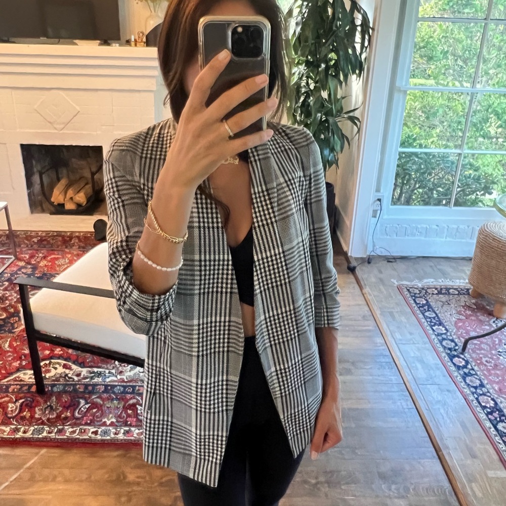 Babaton Size 00 Power Hip Black White Houndstooth Open Blazer 3/4 Sleeve